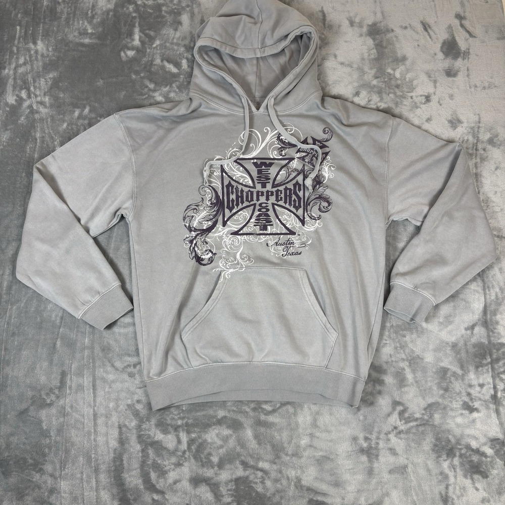 West Coast Choppers Gray Graphic Fleece Pullover Hoodie Men's Large Sleeve Biker